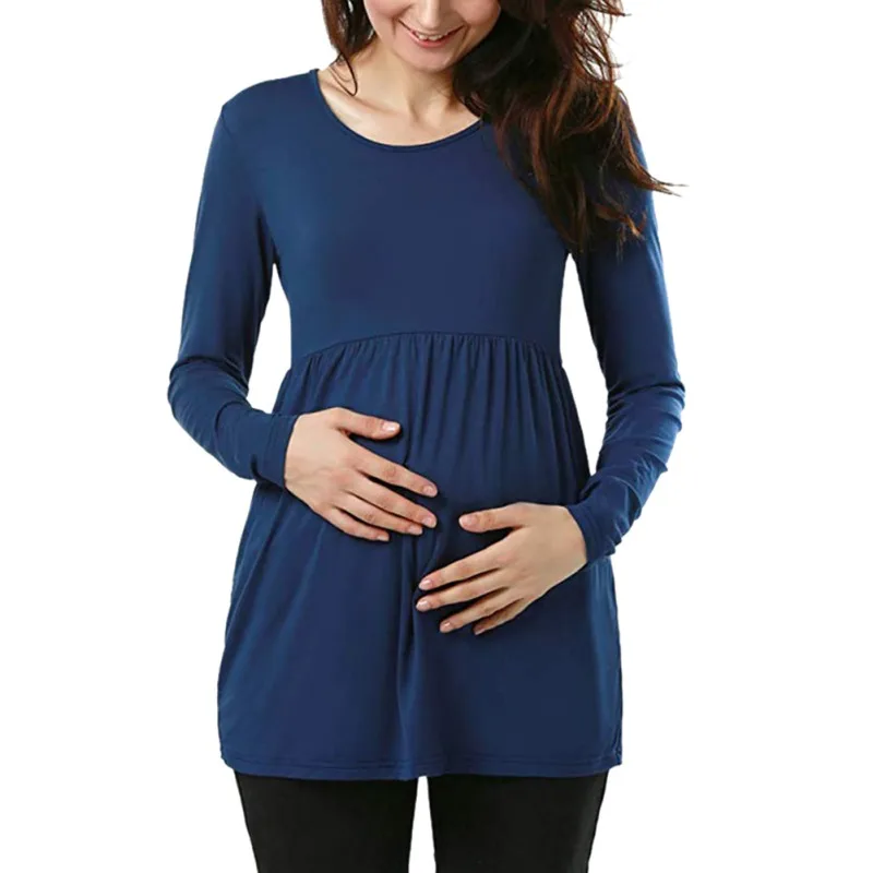 Женская Удобная Однотонная футболка с круглым вырезом и длинными рукавами для беременных