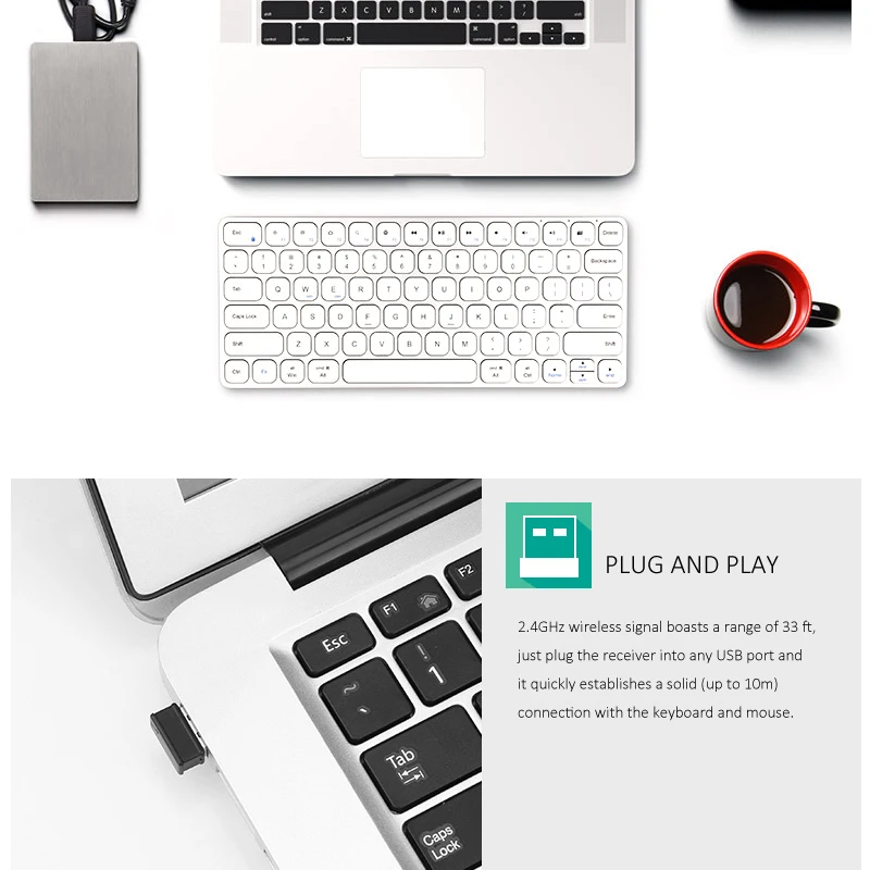 B.O.W 2.4Ghz Wireless Keyboard and Mouse Combo for computer with Nano USB Receiver, 78 Keys Rechargeable & Whiper-quiet Design