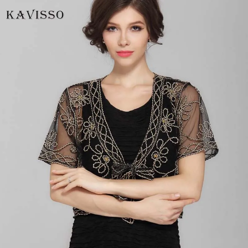 KAVISSO Flower Embroidery Mesh Kimono Cardigan Blouse