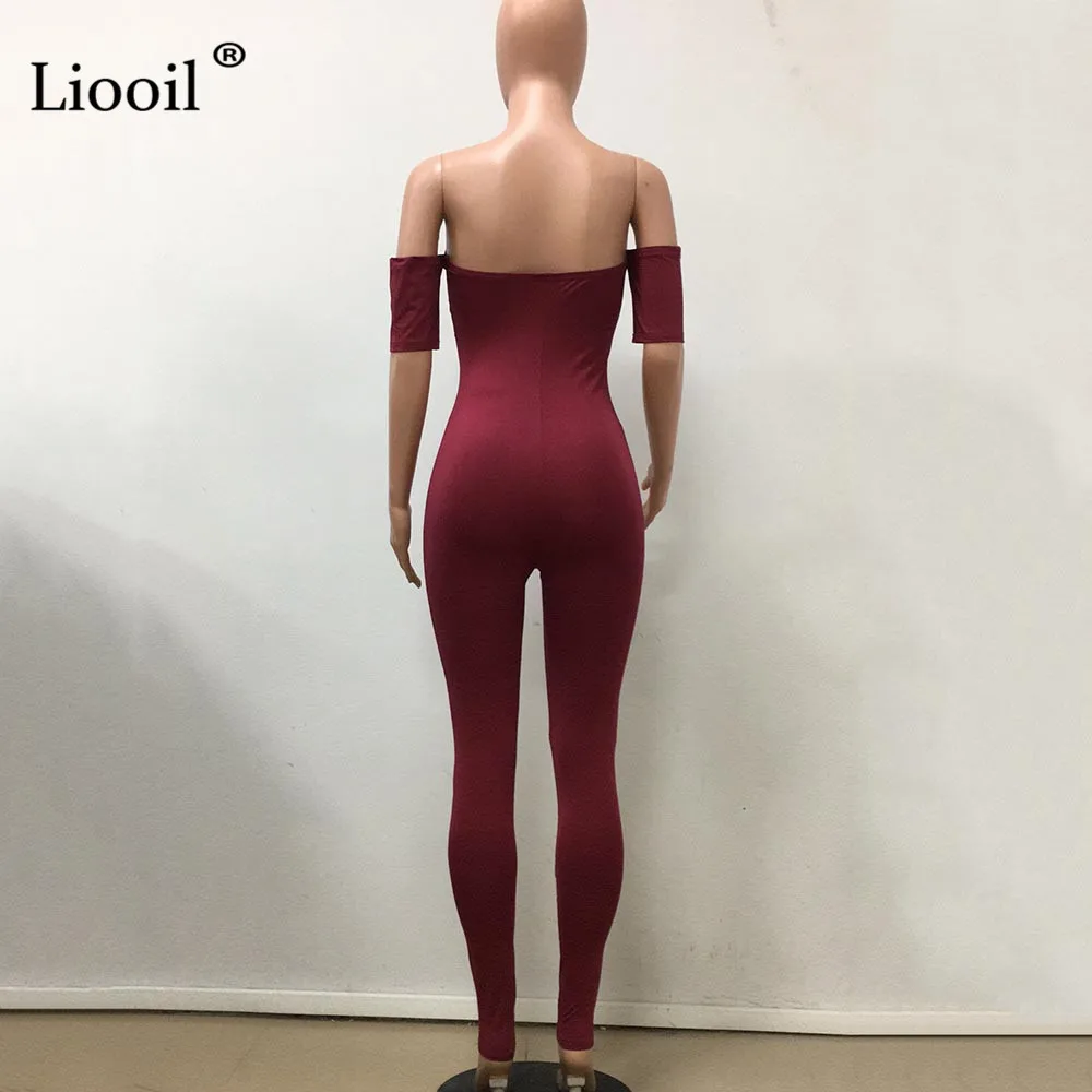 Liooil с открытыми плечами обтягивающие сексуальные комбинезоны для Для женщин Мода без бретелек черный, белый цвет комбинезон для вечеринки женский комбинезон на бретельках