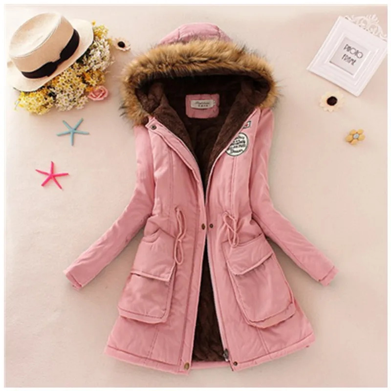 

2019Winter New Women's Hooded Fur Collar Waist And Velvet Thick Warm Long Cotton Coat Jacket