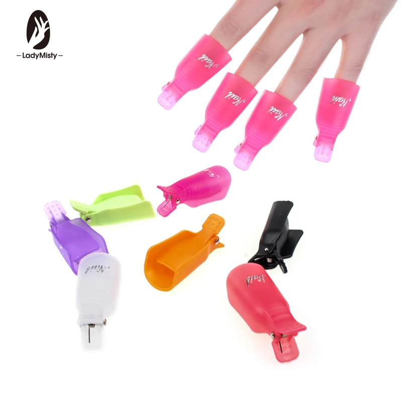 

Ladymisty 10Pcs/set Plastic Nail Art Soak Off Cap Clip UV Gel Polish Remover Wrap Tool Nail Art Tips For Fingers Purple Pink Red