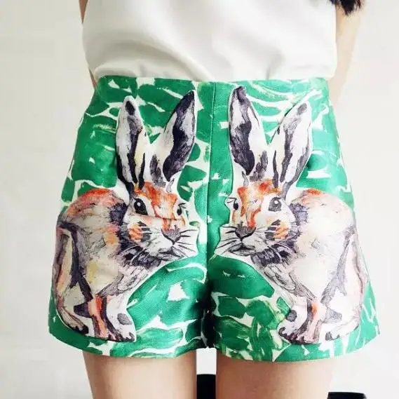 2016 women summer rabbit Patch print shorts pocket green sexy harem