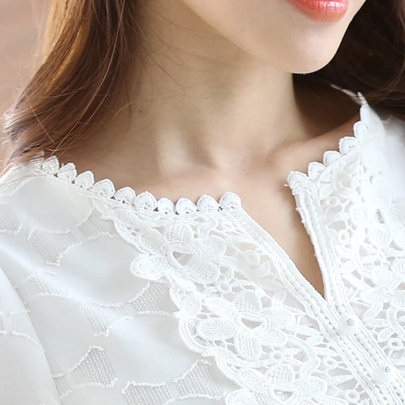  Women New Arrival Spring Basic Chiffon Blouse Shirts Ladies Lace Solid Long Sleeve Casual Tops Embr