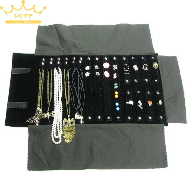 Classical Black Velvet Jewelry Roll Bag Portable Organizer Bag Foldable