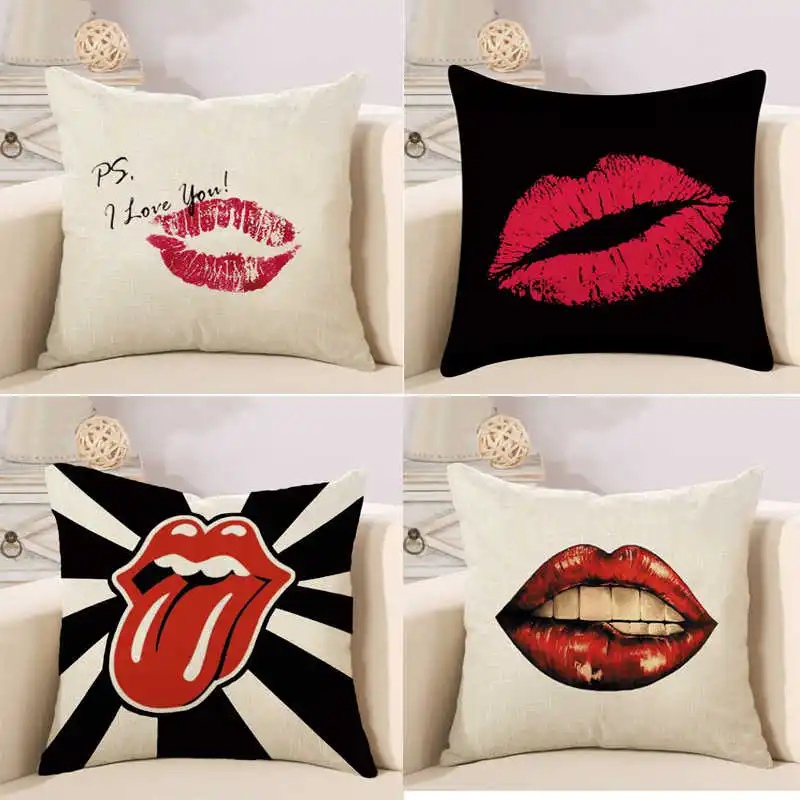 

Linen Throw Pillows Case Decorative Square Pillow Covers Pop Art Red Lips Cushion Cover