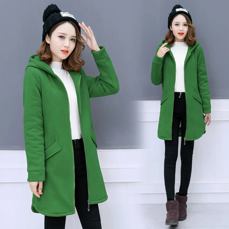 Green Новинка, флисовая женская утепленная шапка, теплое пальто, корейская мода, женские большие размеры, Длинные свободные женские толстовки, толстовка с капюшоном, топ m-xl - Цвет: Green