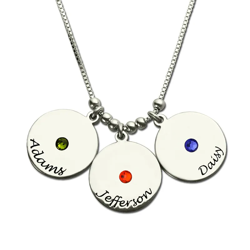 

Custom Silver 925 Necklace Jewelry Engrave 3 Names with Birthstones Round Pendant Necklace For Women Mom Mother's Gift#93-WS