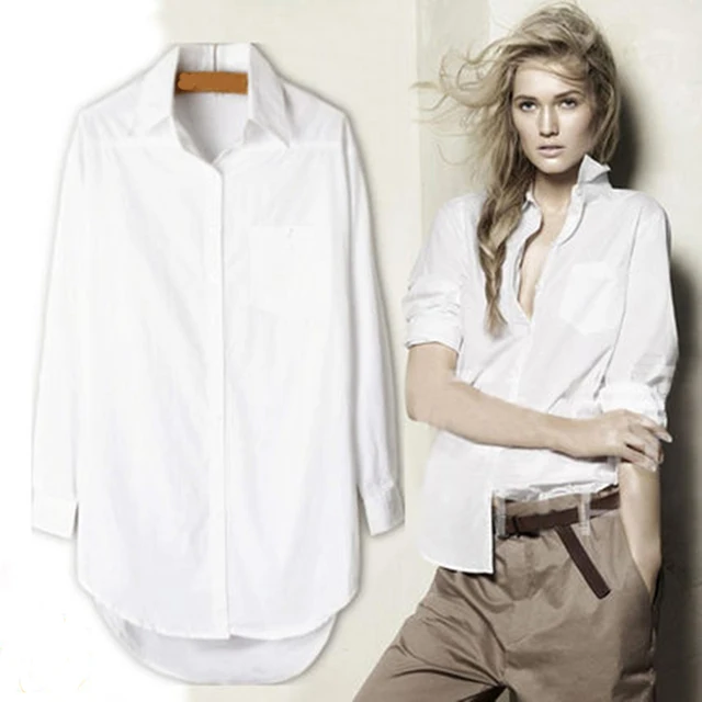 US $12.99 Elegant Long Blouse White Shirt Women Ladies Office 100% cotton Shirts Casual Cotton Blouse Fashion
