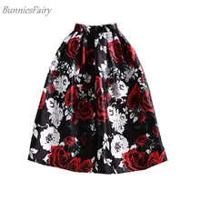 BunniesFairy, весна, Хепберн, Ретро стиль, красная роза, цветочный принт, высокая талия, плиссированная юбка миди, 50 s, юбки, пинап рокабилли
