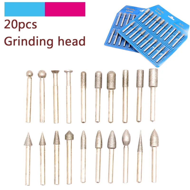 

20pcs 6mm Shank Diamond Coated Grinding Cutting Head Rotary Carving Die Grinder Points Burrs Drill Bits Polishing Tools Set