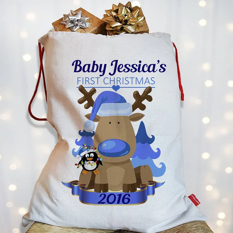 

1pc Gift Bag Christmas Sack 4 Color Simple Retro Elk Print Santa Bag Christmas Gift Bags Christmas Socks Drawstring Canvas Bag
