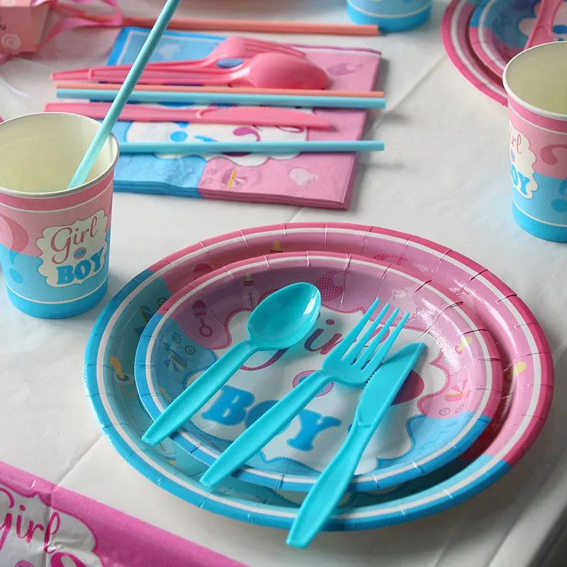 

1set baby shower party decoration tableware boy or girl gender reveal party supplies pink blue paper plate cup babyshower decor