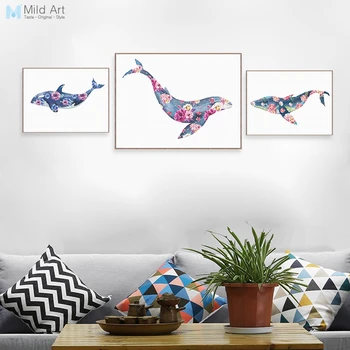 

Watercolor Flower Ocean Animal Whale Poster Nordic Modern Living Room Wall Art Print Picture Home Decor Canvas Painting No Frame