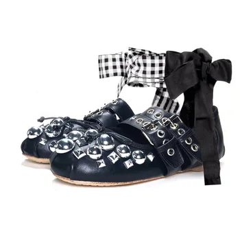 

Women Butterfly-knot Decorations Ballet Flats Black Leather Rivets Studded Flat Shoes Round Toe Cross Tied Casual Flat Shoes