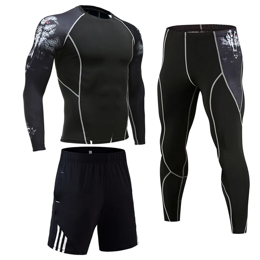 

3 Pcs/Set Sports Suit Men Compression Clothing Quick Dry Running Sportswear rashgard MMA Male Kit Gym Training Set Long Sleeve