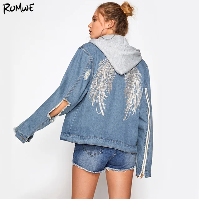 Download ROMWE Wings Back Embroidery Jacket Blue Denim Coat Women ...