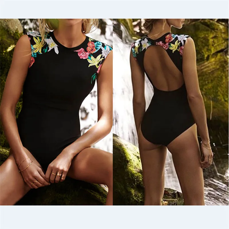 

Black One Piece Swimsuit Women Floral Print Swimwear Women Push Up Bikini 2019 High Cut Open Back Sleeveless Female Bathing Suit