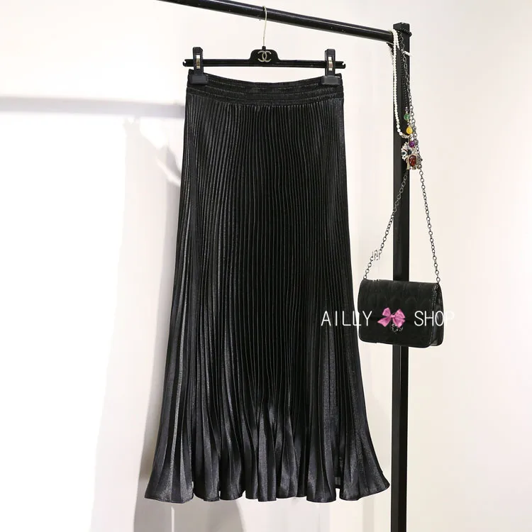 Длинные Юбки Женская юбка для девочек атласная плиссе в гармошку Новая Металлическая плиссированная юбка дикого цвета с высокой талией большие качели