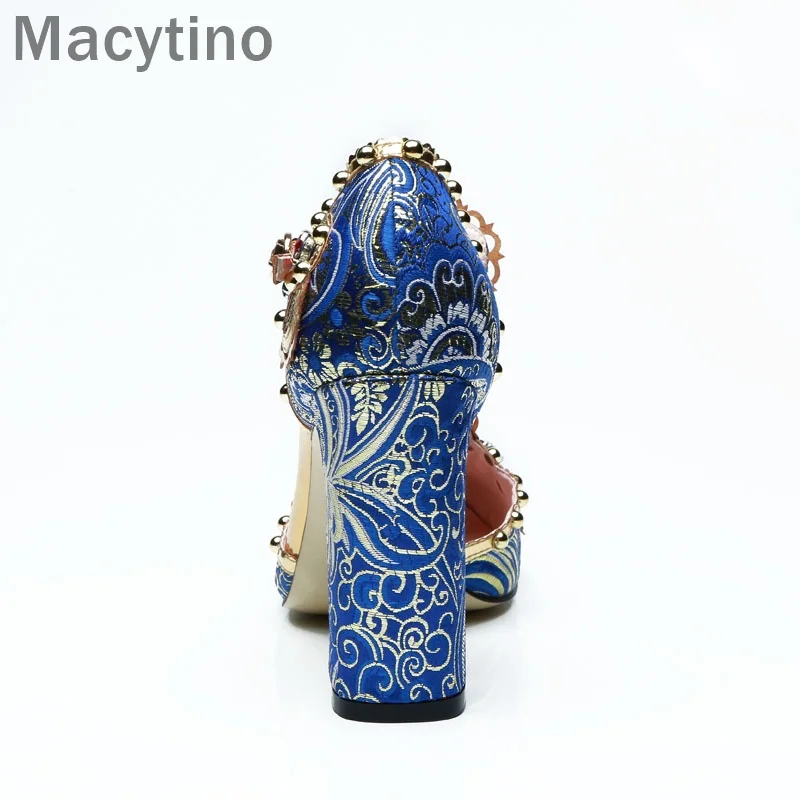 Macytino/Роскошные женские туфли-лодочки ручной работы с жемчугом; женские модельные туфли mary jane с Т-образным ремешком и вышивкой в стиле ретро на квадратном каблуке 10 см с круглым носком