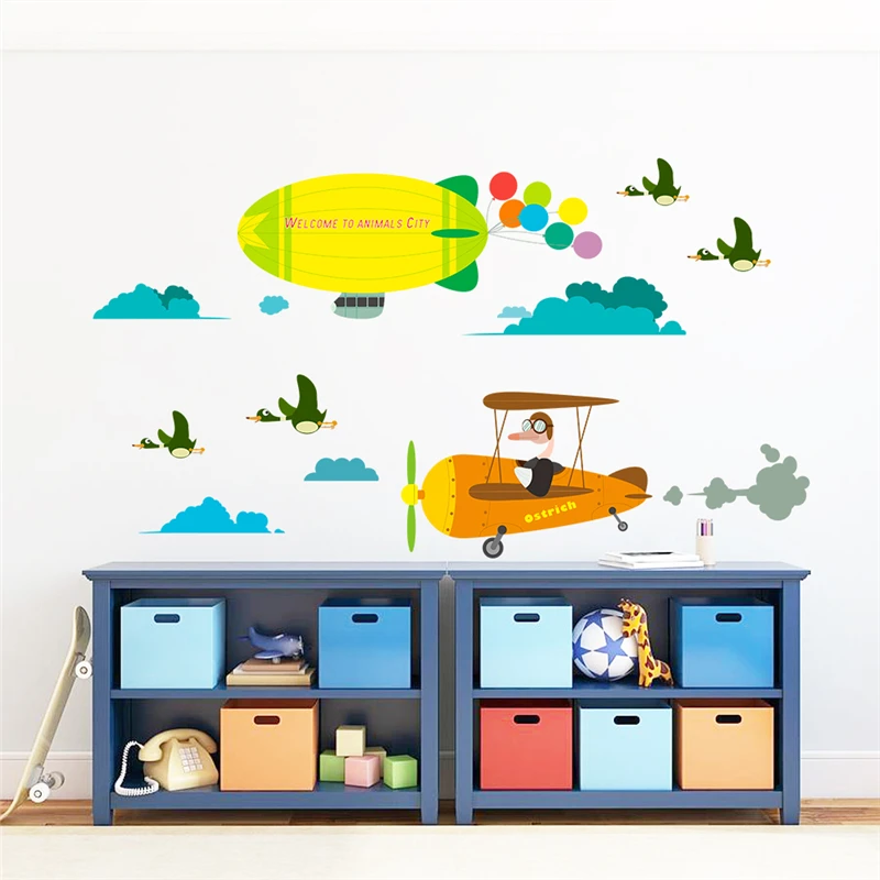 

cartoon animals city birds fly aircraft wall decals kids rooms nursery home decor pvc wall stickers diy mural art decoration