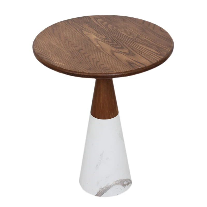 Round Coffee Table Wood Top Marble Base Side Table for Living Room Solid Wood End Table