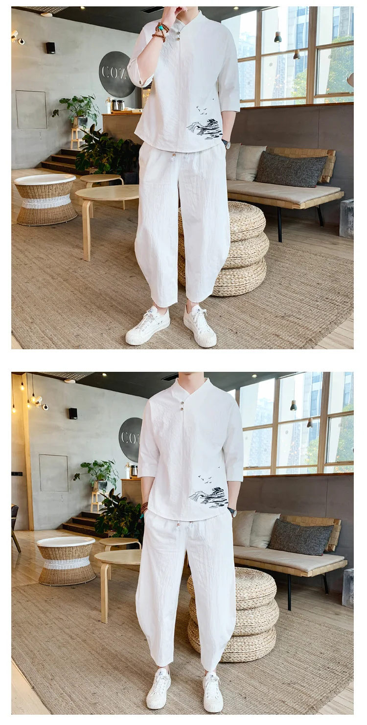 Китайские мужские комплекты одежды хлопок медитация льняная одежда рубашка и брюки костюмы 2 шт./компл. китайское платье костюм