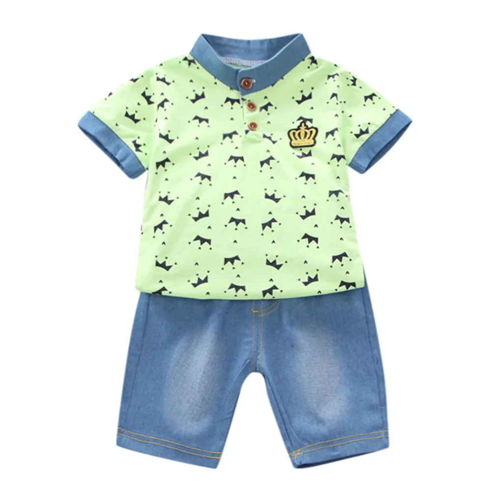 Toddler Boy Clothes Summer Crown T Shirt+ Denim Shorts Pants Sets Outfits Children Baby Clothing For Boys 1 2 3 4 5 Years - Цвет: Green