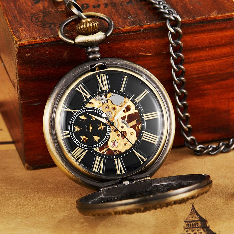Ретро полые механические карманные часы с цепочкой FOB золотые звезды Скелет стимпанк винтажные мужские женские ручные намотки карманные часы