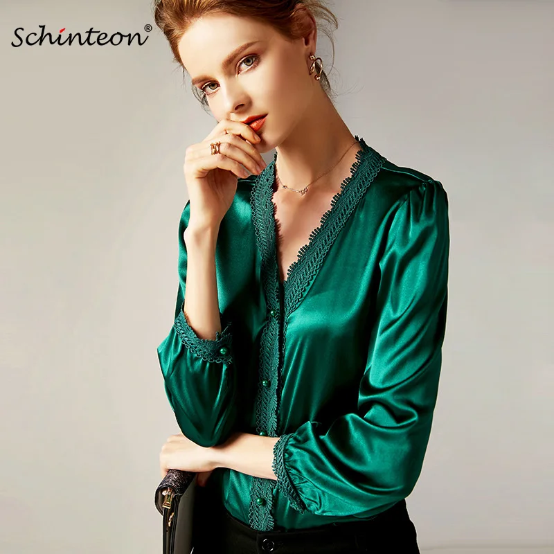 

2019 Schinteon European and American Fashion Blouse Women Real Silk V-Neck Collar Long Sleeve Solid Color Shirt Party New