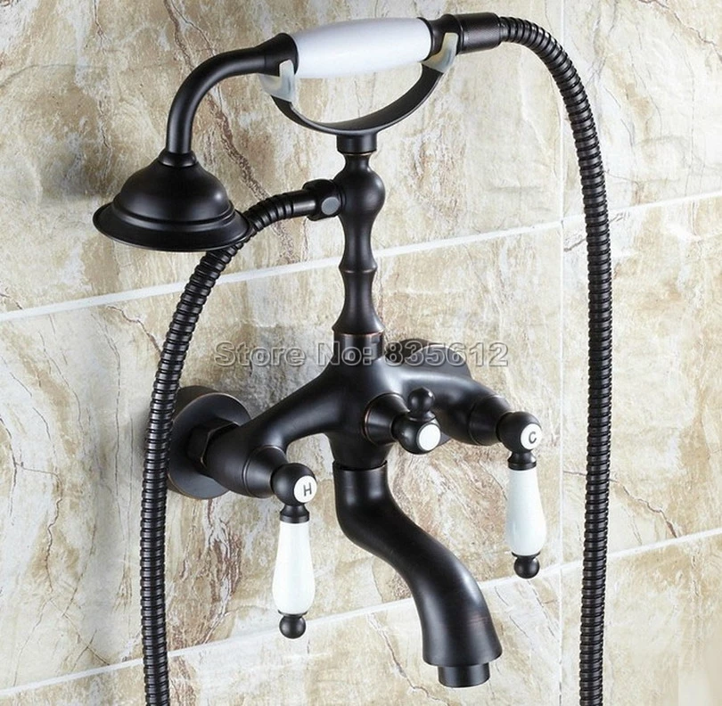 Black Oil Rubbed Bronze Bathroom Wall Mounted Dual Ceramic Handles Bathtub Mixer Tap with Telephone Style Handheld Shower Wtf039