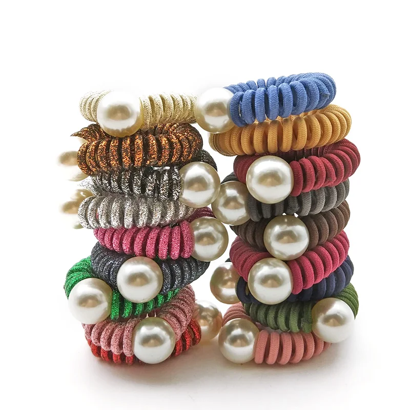 

Lot 4Pcs Cloth Wrap Telephone Wire Line Rubber Band Elastic Man-Made Pearl Hairband Hair Rope Scrunchy Headbands Gum Size 4cm