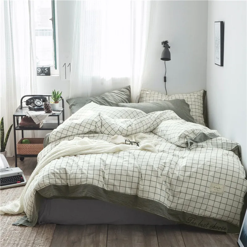 

Simple White Small Plaid Pattern Bedding Set 3/4pcs Family Set Include Bed Sheet Duvet Cover Set Pillowcase Boy Room Flat Sheet