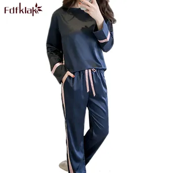 

Fdfklak Casual silk pajamas women streetwear pajama set ladies pijama long sleeve pyjamas women spring summer sleepwear suit