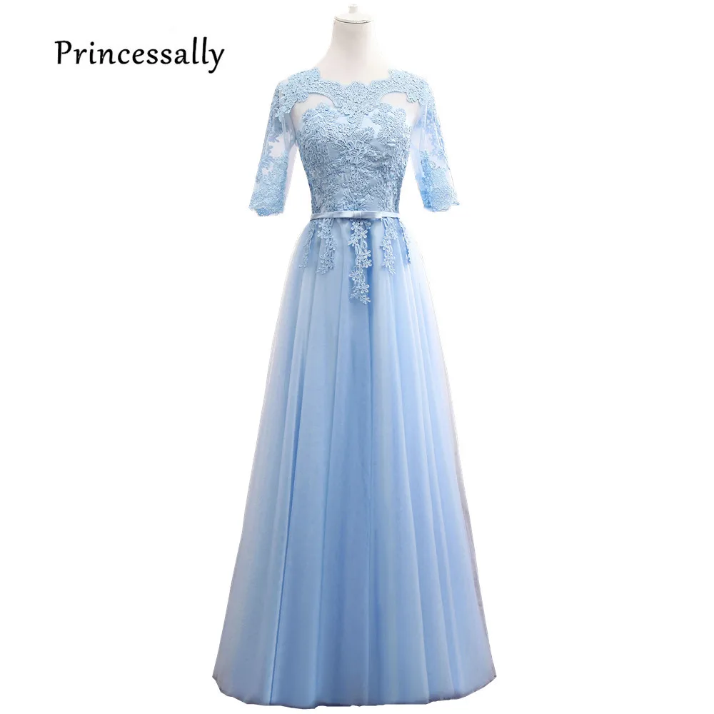

Robe De Soriee Sweet Blue Evening Dresses Long Lace Illusion Scoop Appliques Floor-length Elegant Bride Formal Party Prom Gown