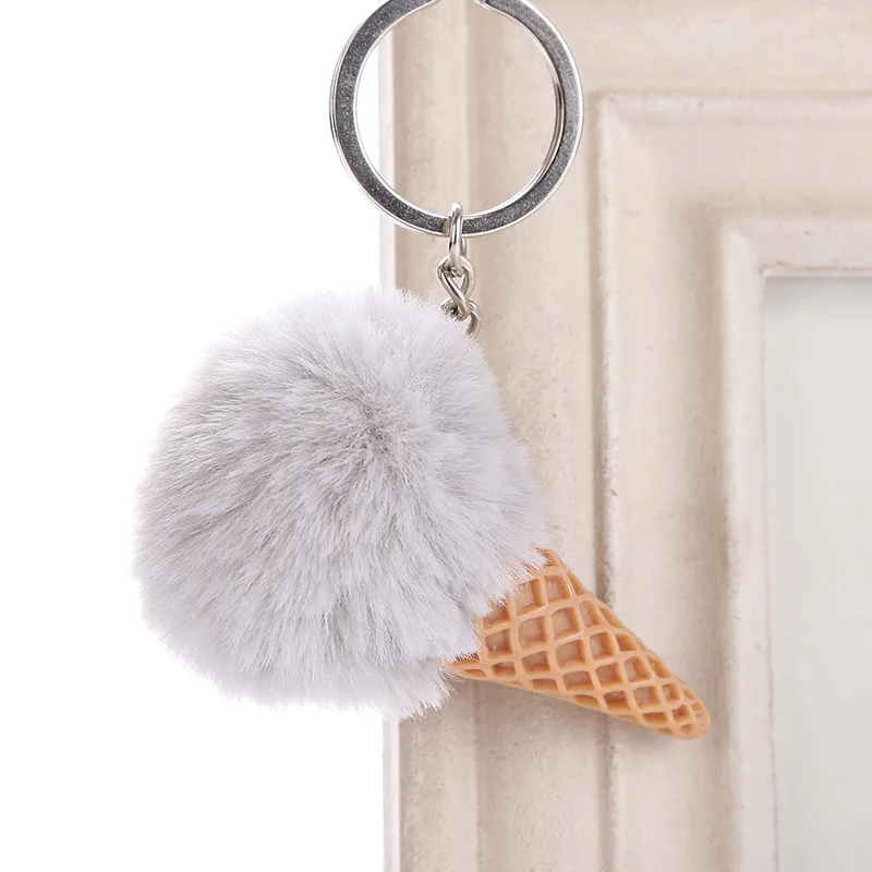 

Fluffy Fur Ice Cream Keychain For Women Fuax Rabbit Furs Ball Pompom Key Chain Car Bag Keyring Pendant