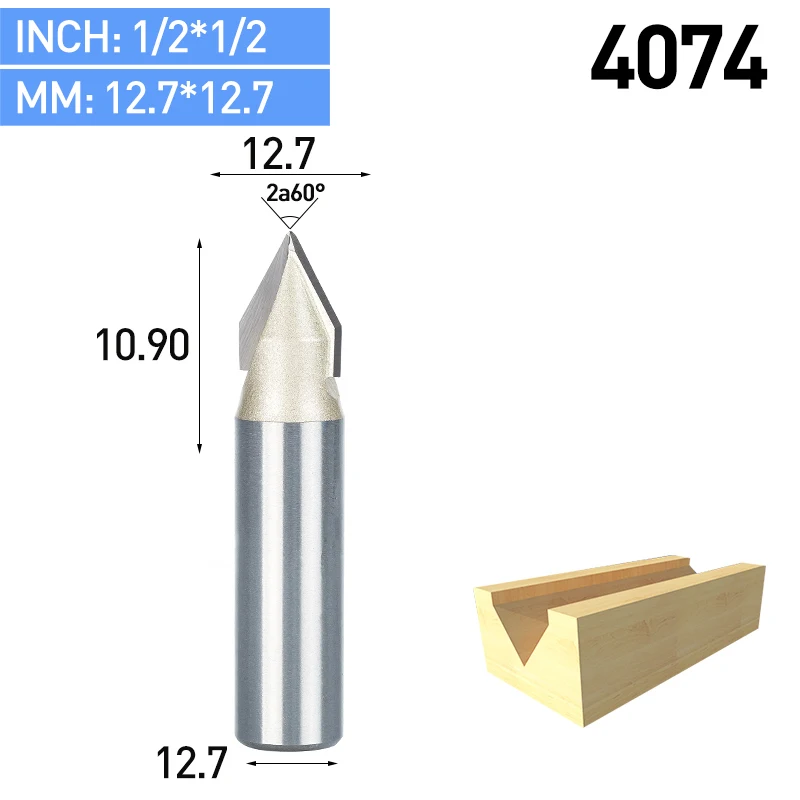 HUHAO 1pcs 1/2" 1/4" Shank 60 Deg V Type slotting cutter Tungsten Router Bits for wood Woodworking Carving Tool - Длина режущей кромки: 4074