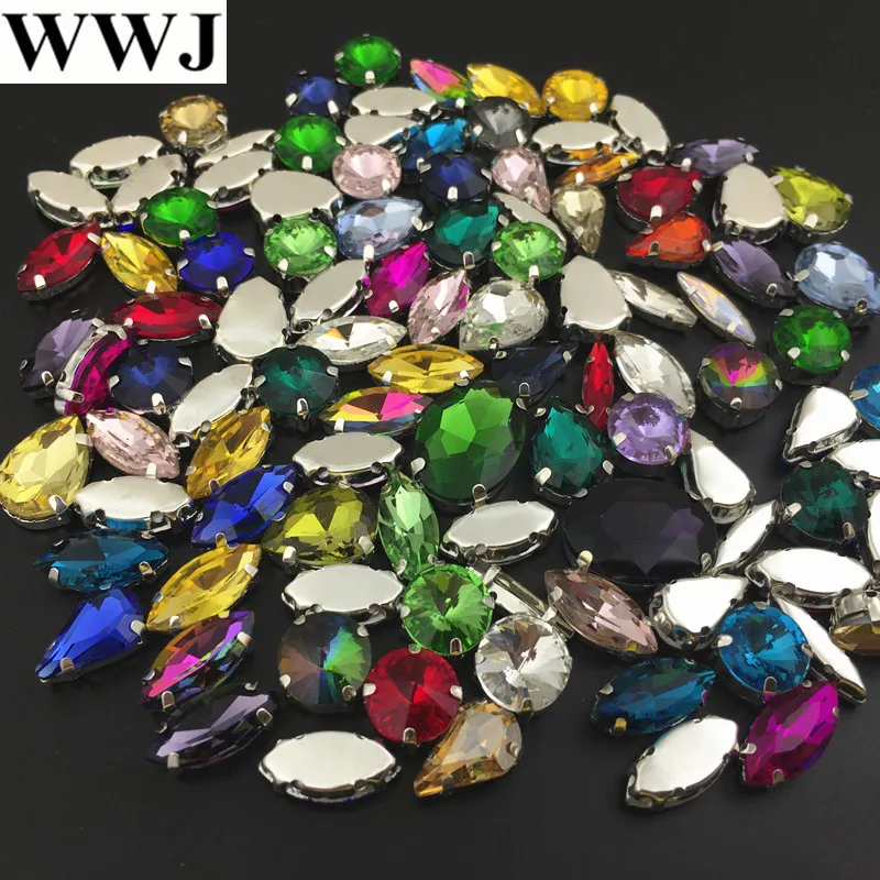 100pcs Mix colors sizes shapes Sew On Stones Sewing Glass Crystal Beads with silver-claw setting For jewelry dress decoration | Украшения и