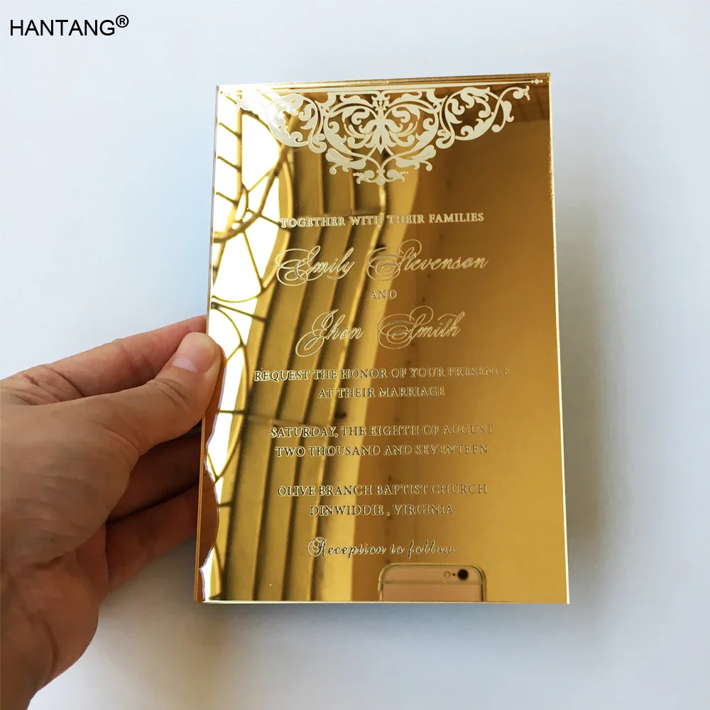 

Customized 75sets per Lot 115x175mm Rectangle Shape Engraved Golden Mirror Acrylic Wedding Invitation Card Set SHIP TO USA ONLY