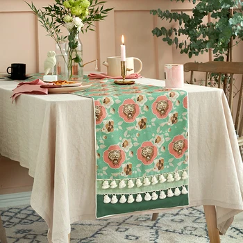 

Ani-lovers Avocado green floral linen table runner cloth with tassel for wedding party decoration gift