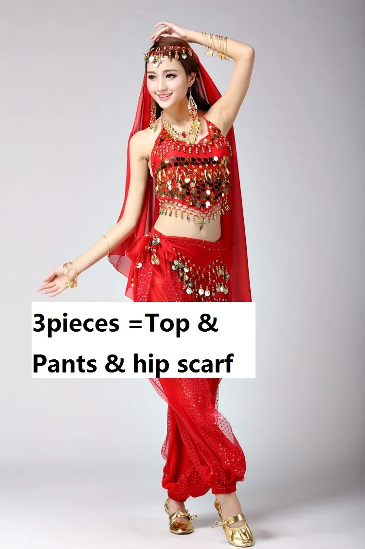 Женский индийский костюм для танца живота для взрослых, 2 предмета, топ и юбка,, профессиональный комплект bimba, платье для танца живота для женщин - Цвет: red3pcs