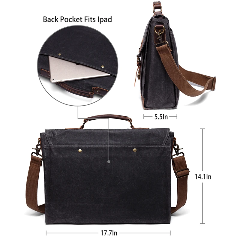 VASCHY Canvas Messenger Bag for Men Vintage Leather Bag Men Waxed Canvas Briefcase Men for 17.3 inch Laptop Office Bags for Men