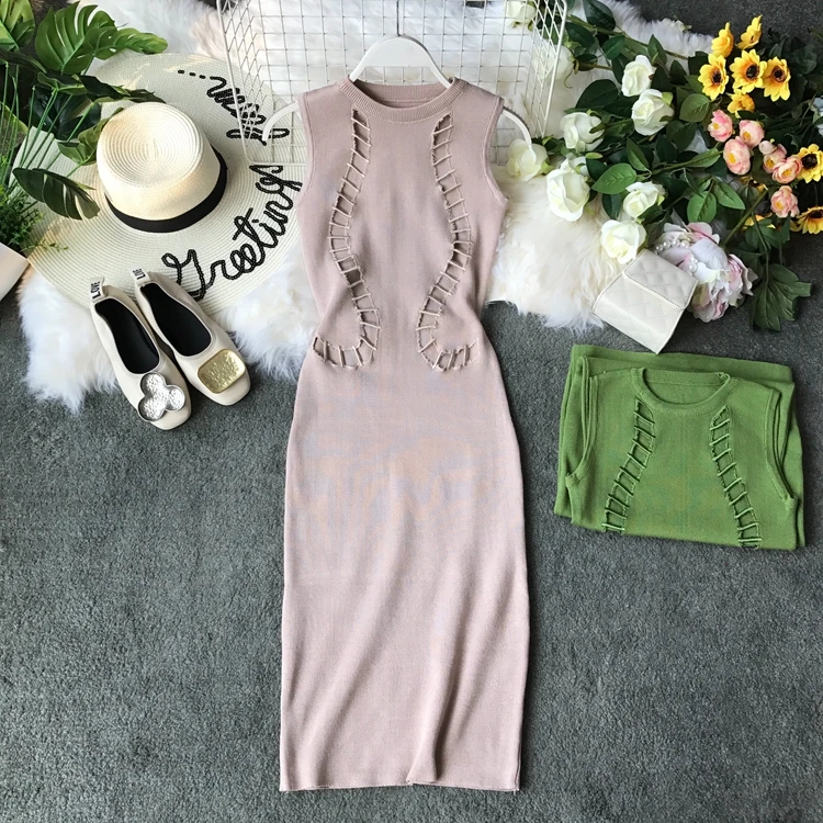 

2019 new fashion women's Summer dress nightclub sexy hollow sleeveless slim bag hip long knit dress tide