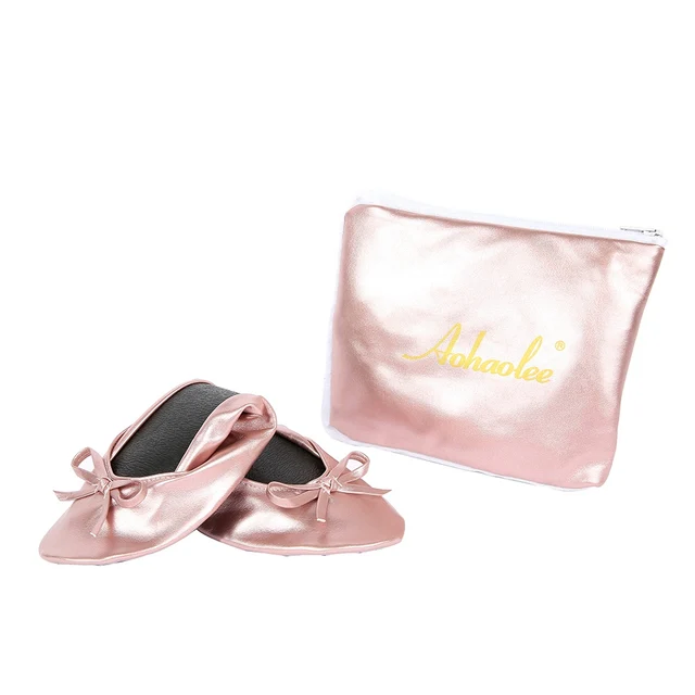 Metallic Pink Portable Fold Up Ballerina Flat Shoes Roll Up Foldable ...