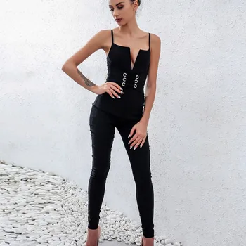 

2018 Autumn Jumpsuits Sexy V Neck Long Pants Slim Club Party Clothing Solid Elegant Ladies Overalls Sleeveless Women Jumpsuits