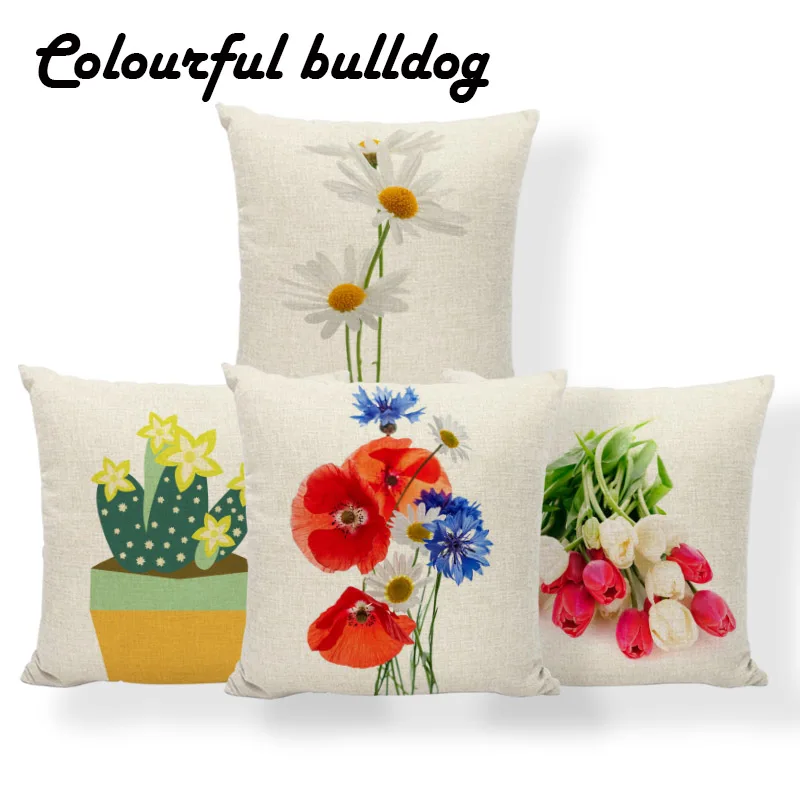 

Tulips Poppy Crocus Cushion Cover Linden Flower Lily Daisies Pillowcase Home Nap Mat Decoration Pillow With Cover 45Cm Polyester