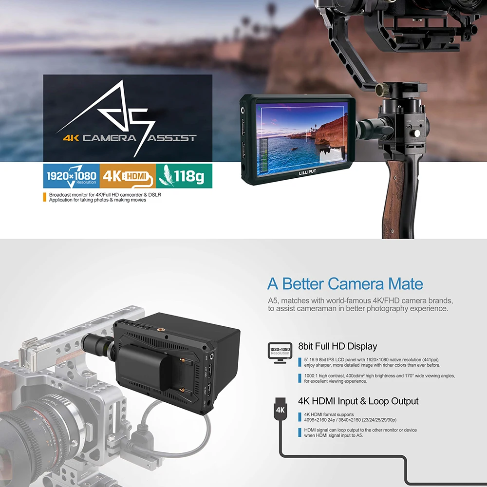  Lilliput A5 1920x1080 4K HDMI in/out Broadcast 5 inch Camera/Video Field Monitor for Canon Nikon So