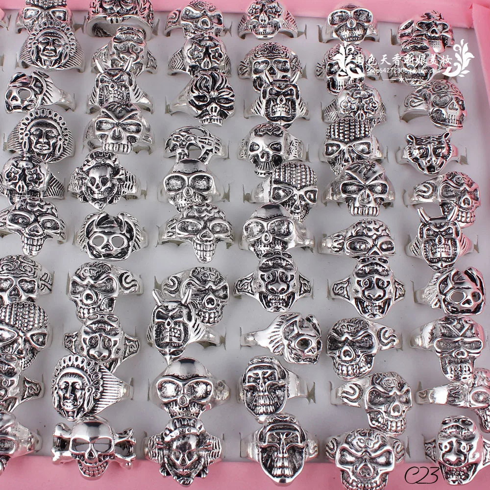 100 шт смешанные стили и размер модные кольца для женщин и мужчин унисекс готический череп скелет серебряное металлическое кольцо панк Байкер ювелирные изделия