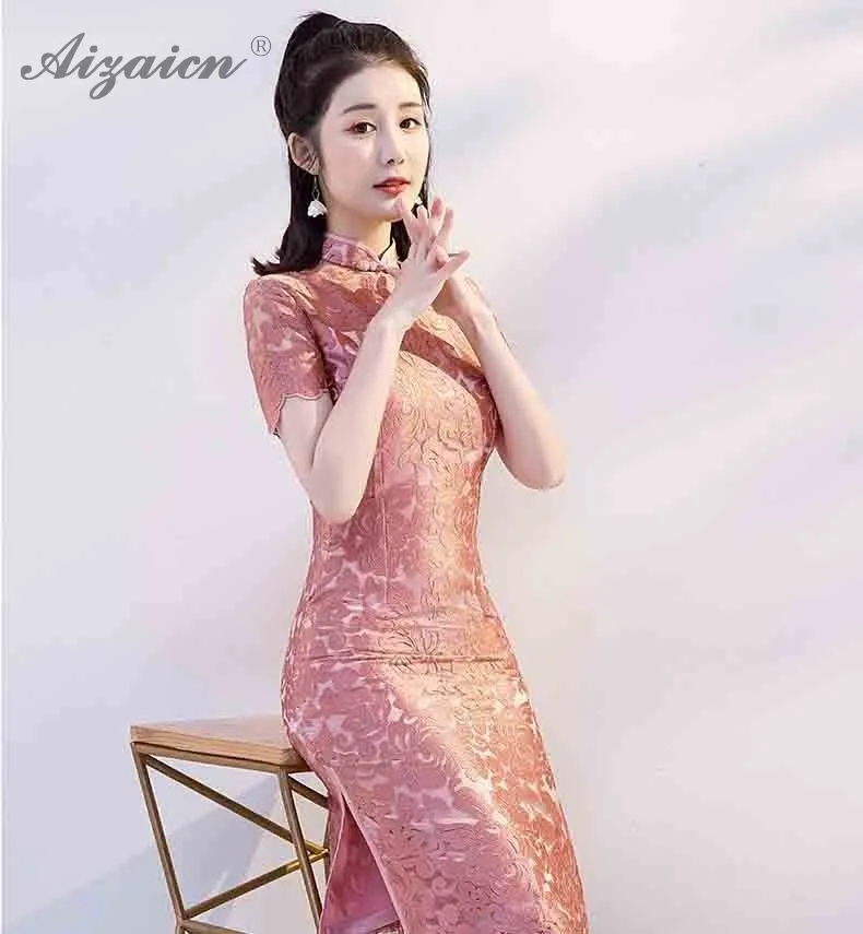 Красный кружево Длинные Cheongsam современный Chinoise Платья для вечеринок Qi Pao для женщин Китайский вечернее платье Мода Тонкий Qipao Женская Роба в