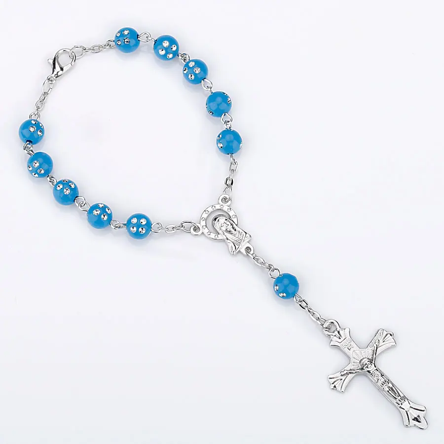 Colorful Beads Catholic Rosary Bracelet Blue Red Color Auto Rosary Car Rosary INRI Cross Mary Charms Lobster Clasp